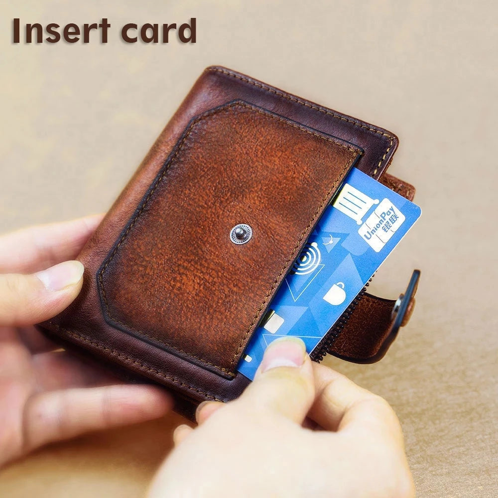 Vintage 100% Genuine Leather Men's Wallet RFID Blocking Trifold Short Multi Function Money Clip Large Capacity Zipper Coin Purse