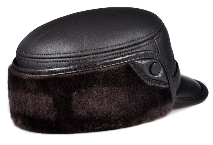 High Quality Genuine Leather Hats Winter First Layer Cowhide Warm Earmuffs Bomber Caps Plus Velvet Thicken Man Bone Caps Dad Hat