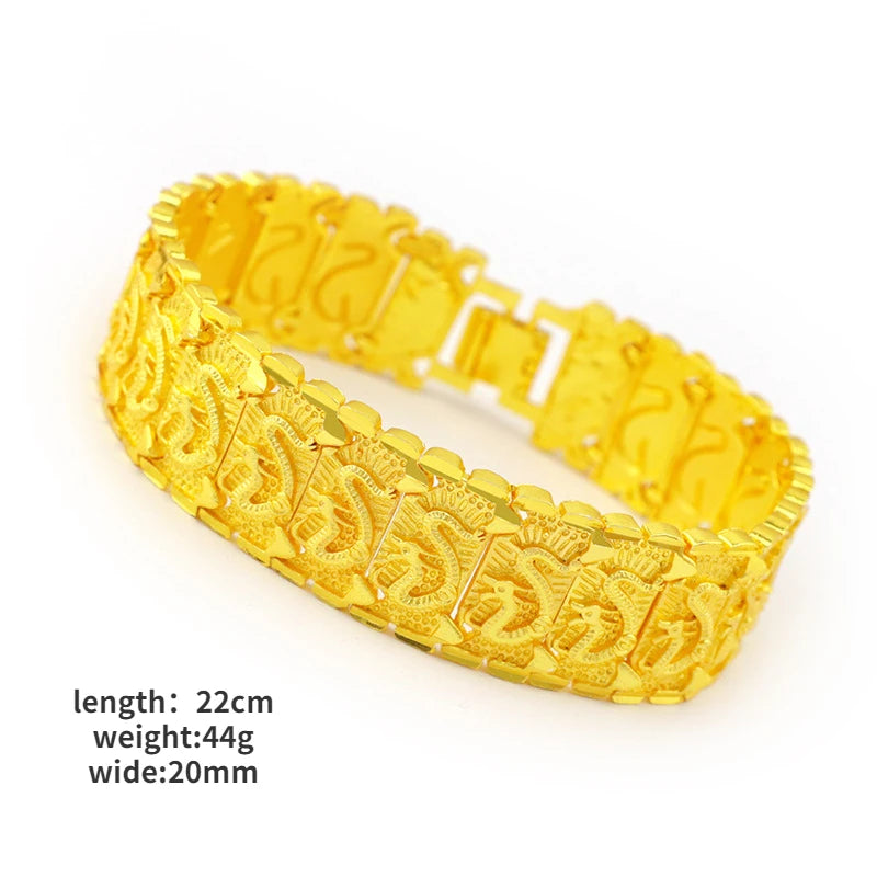 24k Yellow Gold Color Watch Bracelet for Men Dragon Pattern Male Gentleman Bracelet Hand Chain Wedding Engagement Jewelry Gifts
