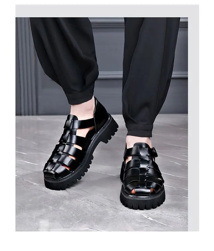 Fashion New Designer Platform Sandals for Men 2025 Summer Buckle Leather Dress Sandal Shoes Man Big Size Black  Sandalias Hombre