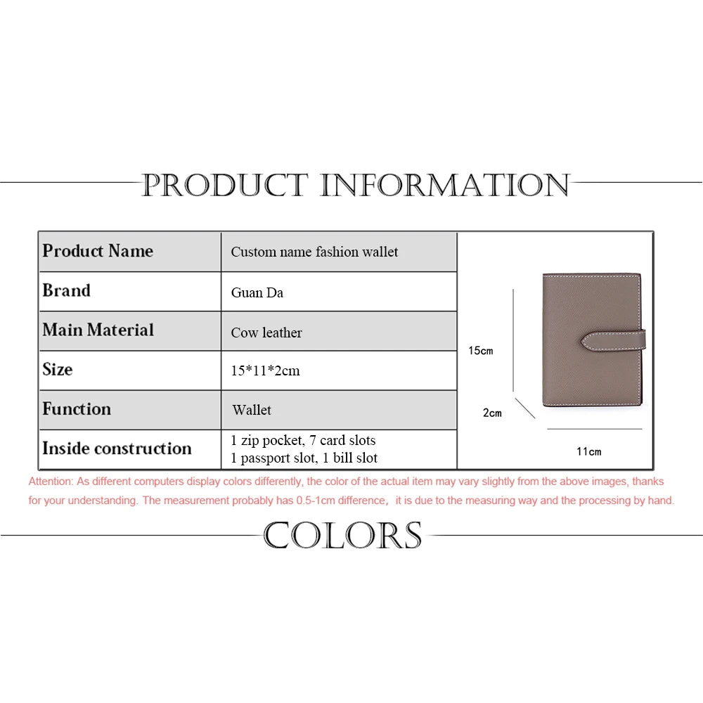 Luxury Design Genuine Leather Wallet For Woman Custom Initials Fashion Folding Passport Holder Business Card Holder Coin Purse