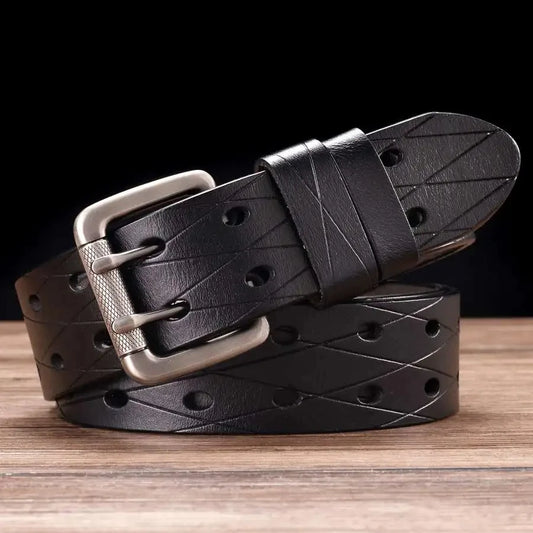 Men's Leather Double Needle Buckle Classic Tow Row Hole Jeans Belt Cowboy