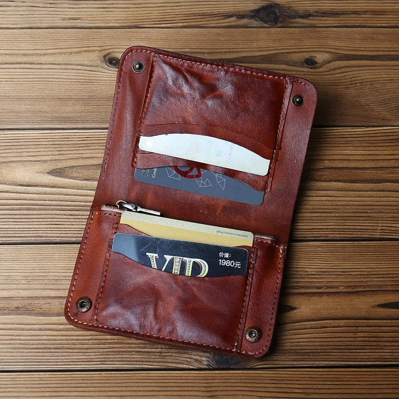 Retro Handmade Leather Wallet for Ladies Top Layer Cowhide Men's Short Wallet Wiping Color Buckle Bag Vertical Credit Card Bag