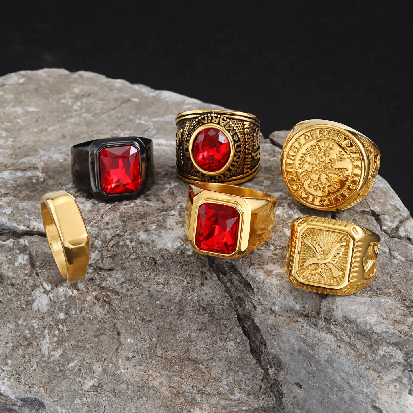 Punk Ethnic Red Stone Ring for Men,Gold Plated Stainless Steel Signet Ring,Square Round Ring Jewelry Gift