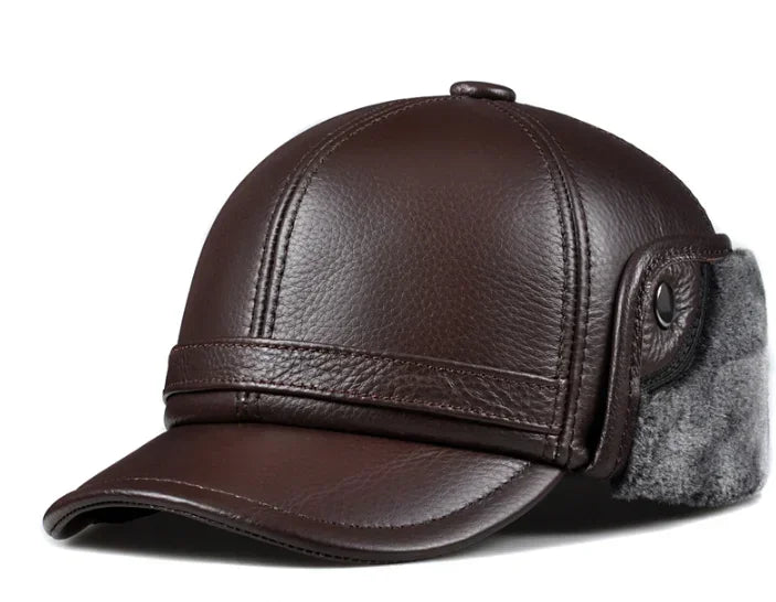 Winter Men's  Hat Thicken Leather Cowhide Baseball Caps With Ears Warm Snapback Dad's Hats Sombrero De Cuero Del Hombre
