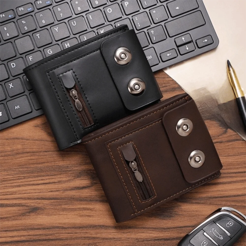 Luxury PU Leather Men's Wallet Anti-Theft Solid Color Short Card Bag Large Capacity Magnetic Buckle Business Wallet Male
