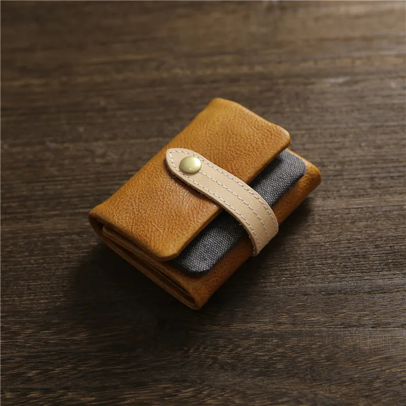 2025 Handmade Wallet Men's Short Leather Triple Fold Money Clip Cowhide Youth Buckle Student Vertical Vegetable Tanned Leather