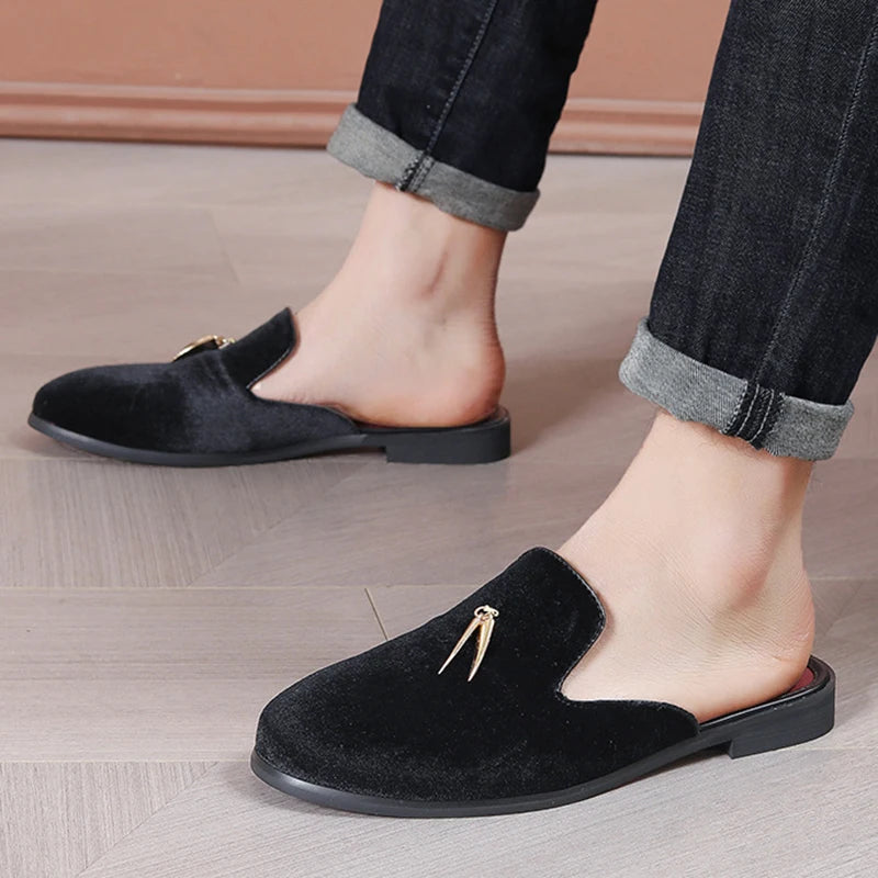 Fashion New Men Velvet Tassels Half Slippers Loafer Male Casual Purple Green Blue Black Mules Moccasins Breathable Driving Shoes