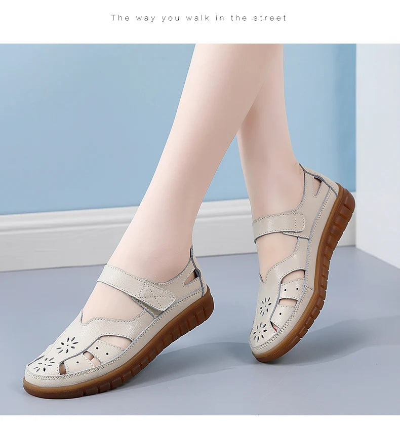 Sandals Summer Breathable Leather Slippers Women Fashion Non-Slip Casual Roman Shoes Ladies Sandals on Sale Off White Shose