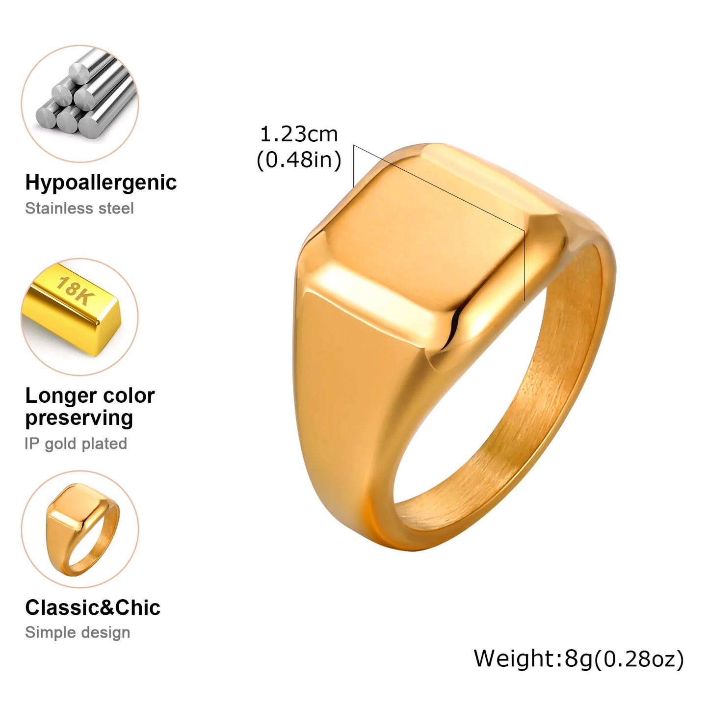 Stainless Steel Square Signet Ring for Men, Gold Silver Color High Polished Chunky Ring, Simple Statement Jewelry Thumb Ring