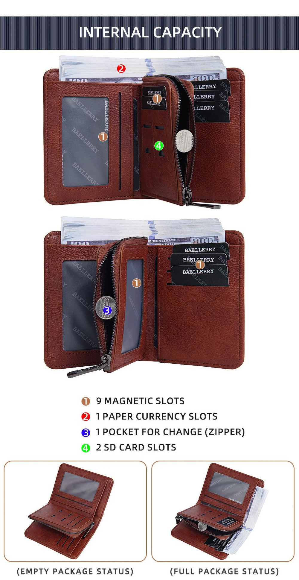 Vintage Leather Wallet for Men Baellerry RFiD Blocking Short Bifold Wallet with Zipper Closure and Coin Pocket Small Mens Purse