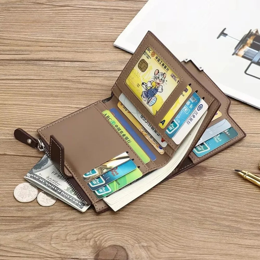Luxury Short Men Tri- Fold Wallets PU Leather with Zipper Coin Purse Multifunctional Buckle Photo Card Holder Man Purses Wallet