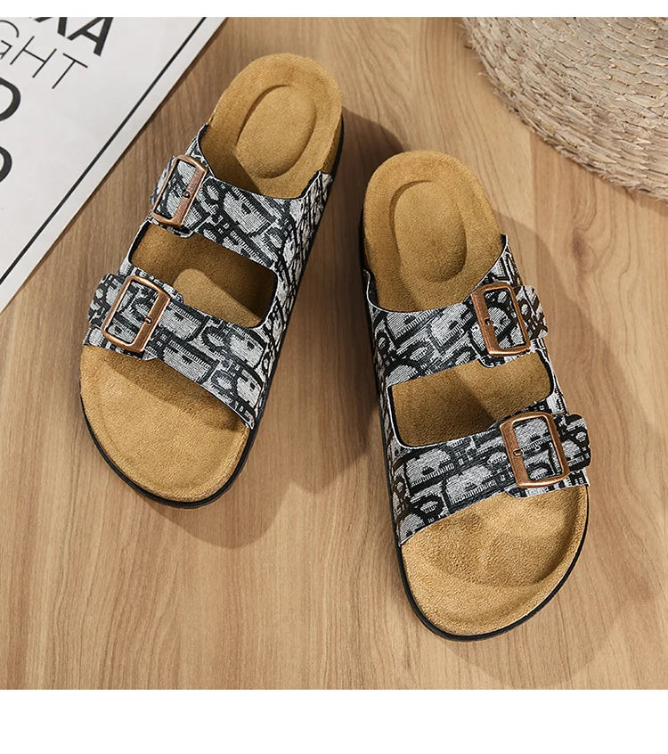 2025 Luxury Cork Slippers for Men Fashion Print Designer Slides Man Summer Mules Slippers Men Comfortable Brand Sandals Unisex