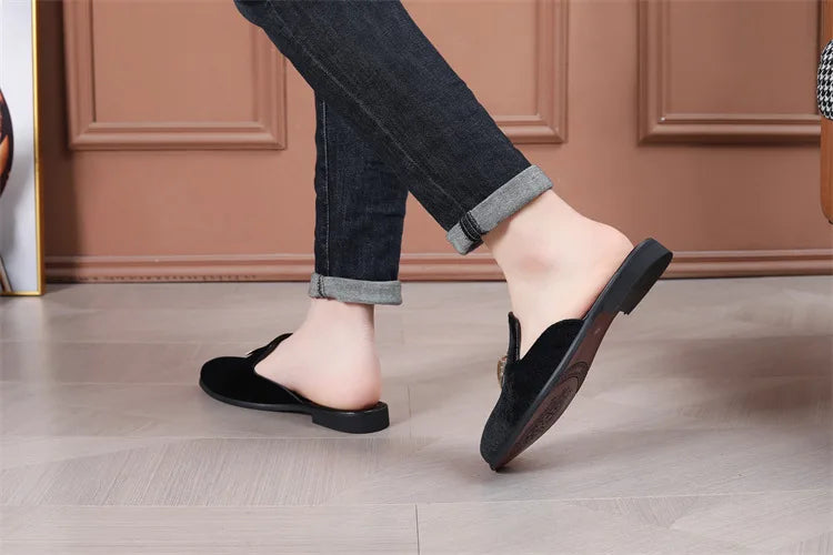 Fashion New Men Velvet Tassels Half Slippers Loafer Male Casual Purple Green Blue Black Mules Moccasins Breathable Driving Shoes