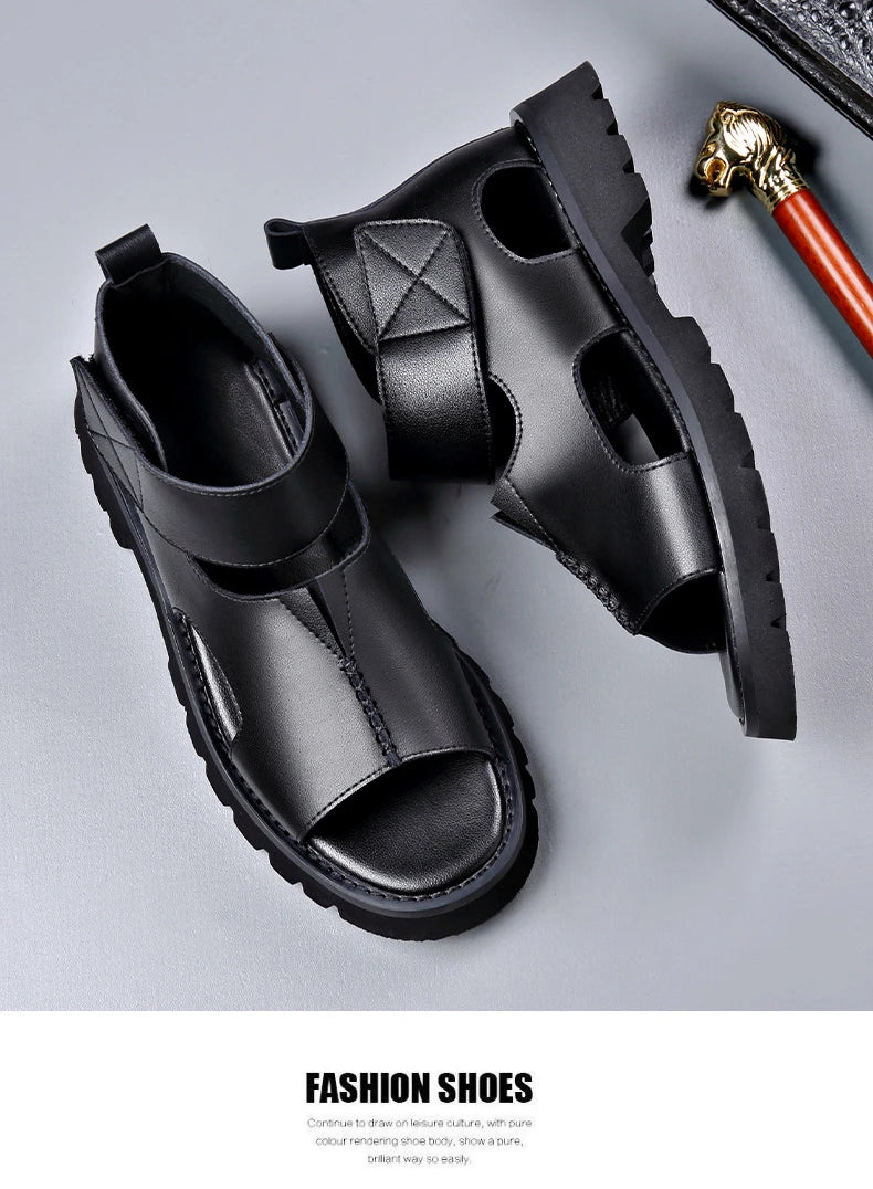 Cow Leather Sandals for Men 2025 Summer New Designer Big Size Increase Roman Beach Shoes Male Fashion Casual Black Sandals Man