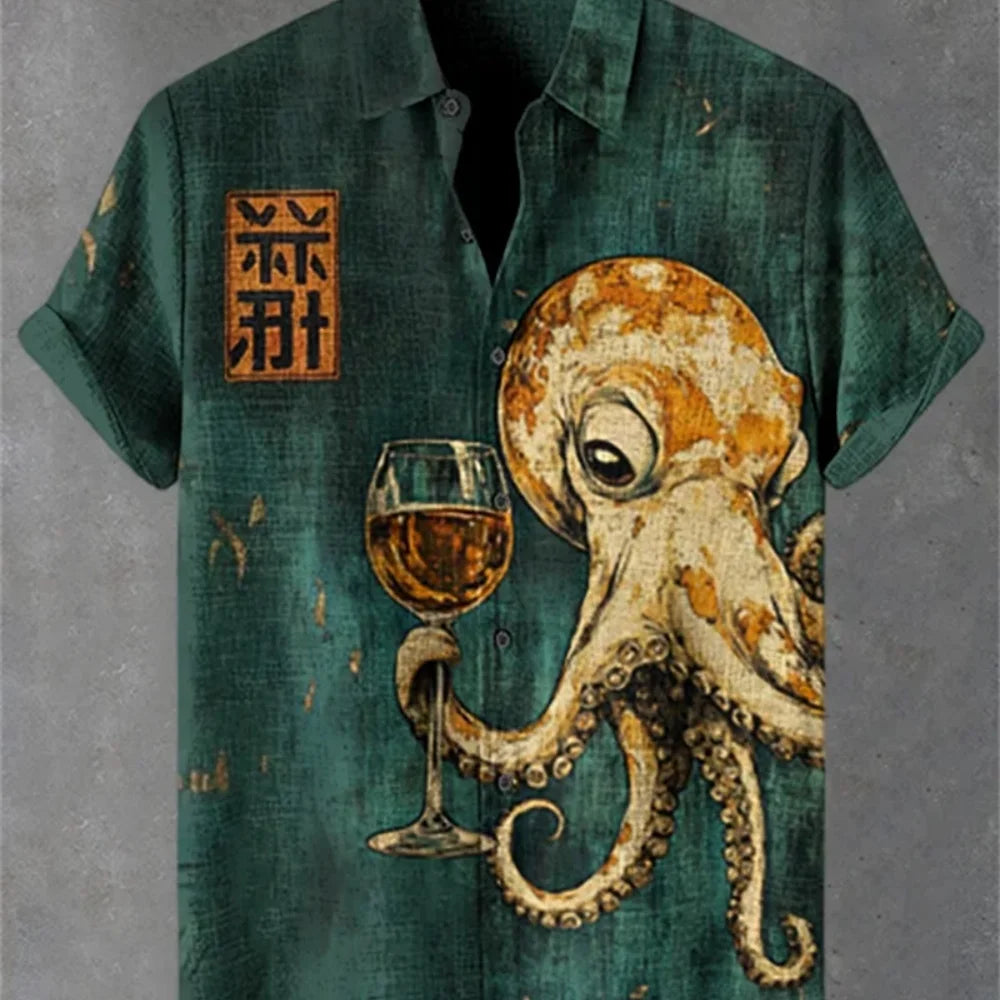 Men's Japanese Retro Art Samurai Cat Printed Linen Shirt Short Sleeve Button up Classic Lapel Design Street Casual Social Top