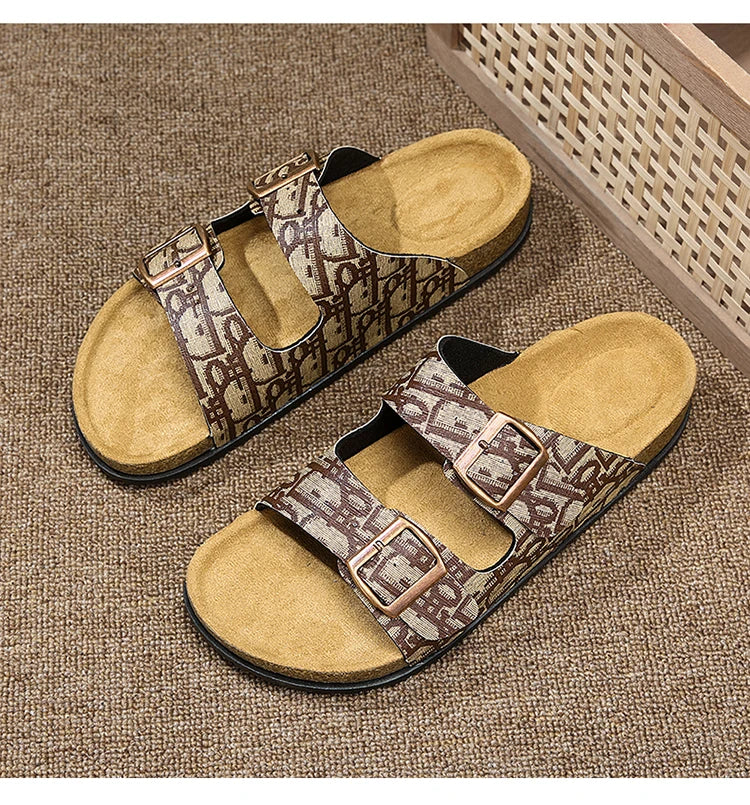2025 Luxury Cork Slippers for Men Fashion Print Designer Slides Man Summer Mules Slippers Men Comfortable Brand Sandals Unisex