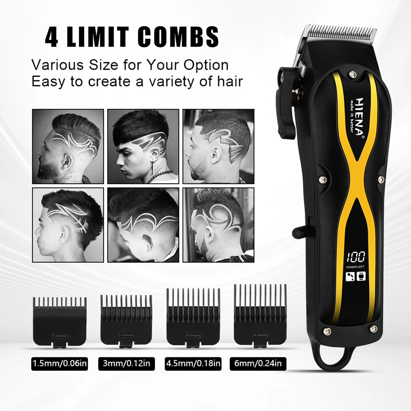 HIENA Hair Clippers for men Rechargeable Cordless Hair Trimmer Head Shavers haircut Professional barber hair cutting machine