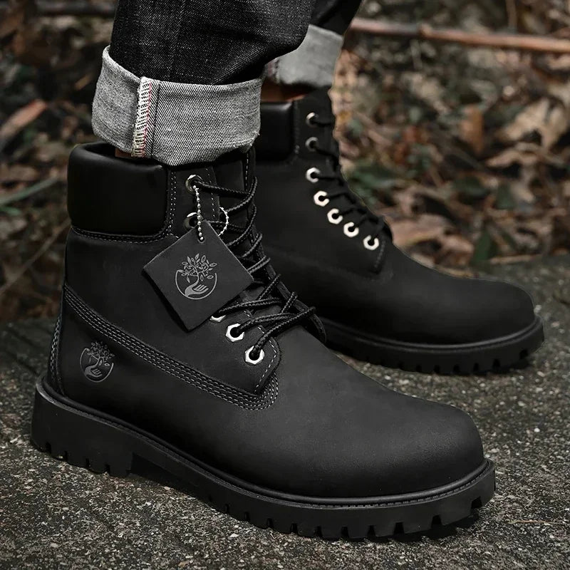 Boots Men High Top Boots Men's Leather Shoes Winter Fashion Plush Warm Shoes Outdoor Sneakers Lace Up Non-Slip Ankle Boots Male