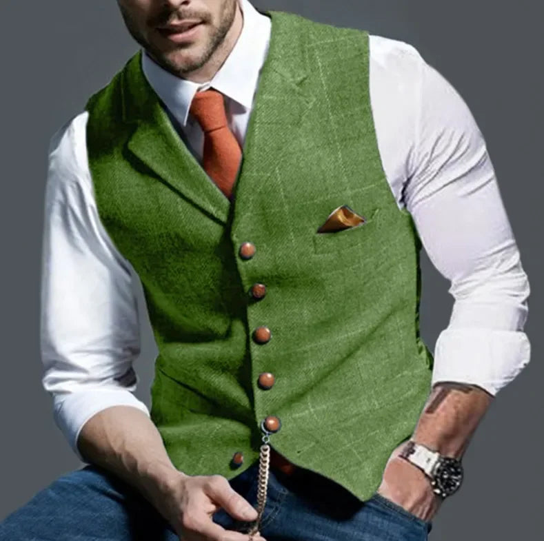 Men's Casual Classic Suit Vest Retro Herringbone Lapel Cotton Blended Tweed Slim Business Commuter Suit Lined Vest S-3XL