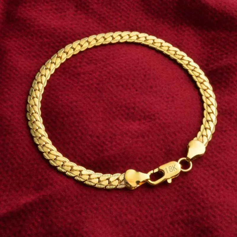 18K Gold 925 Sterling Silver Bracelets For Men Women Simple 5mm 20cm Flat Side Chain Bracelet Unisex Charm Jewelry Gifts