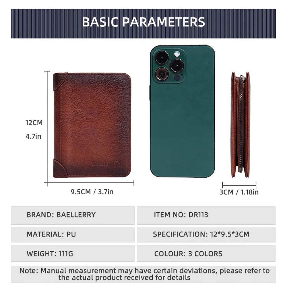 Vintage Leather Wallet for Men Baellerry RFiD Blocking Short Bifold Wallet with Zipper Closure and Coin Pocket Small Mens Purse