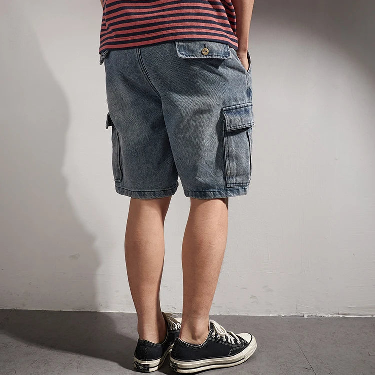 Shorts for denim men's tooling, cat's whiskers, straight pants, old retro pants, versatile multi-bag pants.