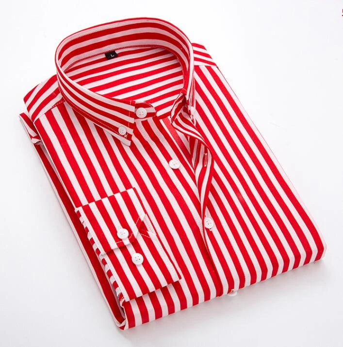 Men's Classic Striped Shirt, Single-breasted Long-sleeved Shirts Autumn New Men Top Red Blue Black Slim Version Male Chemise