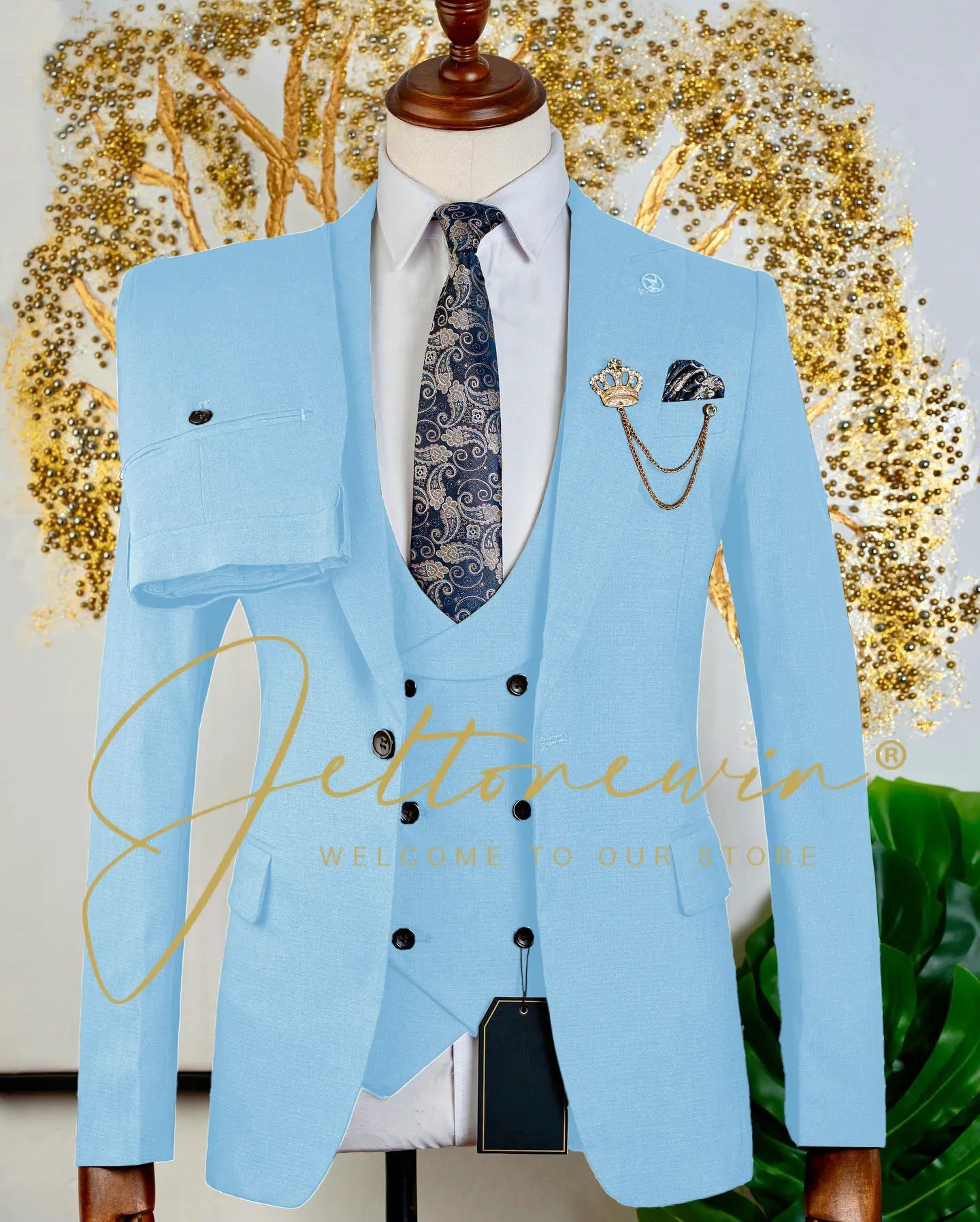 Men's Brown Three Piece Suit with Vest and Trousers Slim Fit Formal Wear for Wedding Groomsmen Party Business Occasion