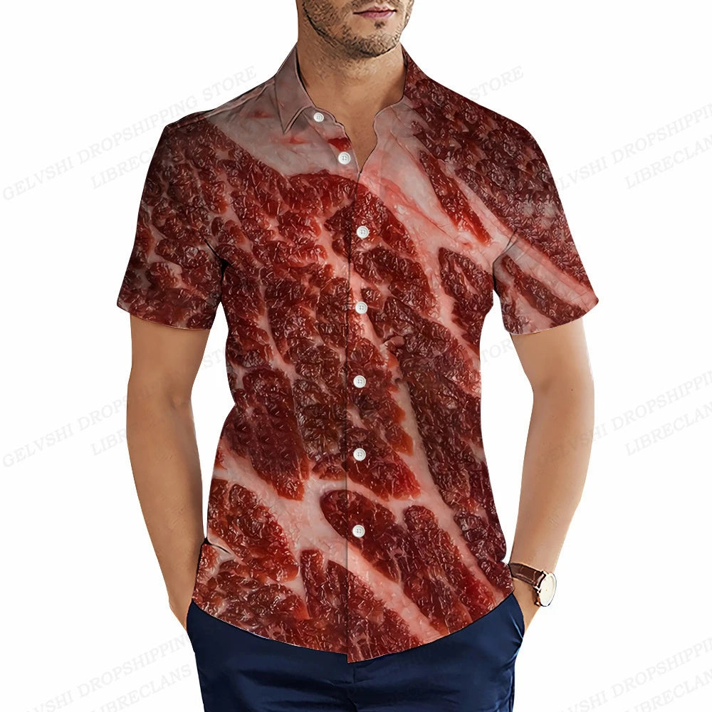 Foods Sausage Shirts Men Women Fashion Shirts Hawaiian Casual Beach Blouse Cuba Camisa Turn Down Collar Funny Chips Shirt Boy