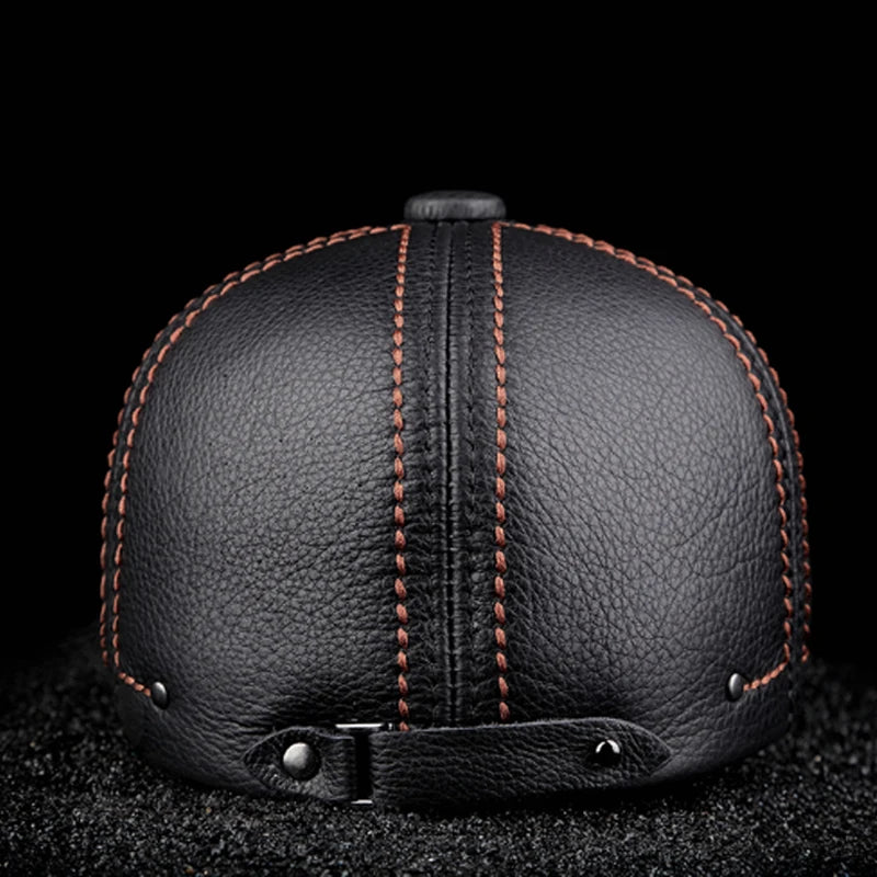 New Cowhide Genuine Leather Men Berets Cap Hat High Quality Fashion Men's Real Leather Adult Striped Black Hats