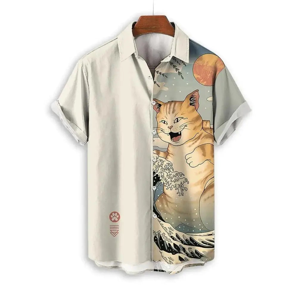 Fashion Men's Clothing Cool Samurai Cat Tops Summer New Men's Clothing Casual Short-Sleeved Anime Loose Blouse Hawaii Beaches