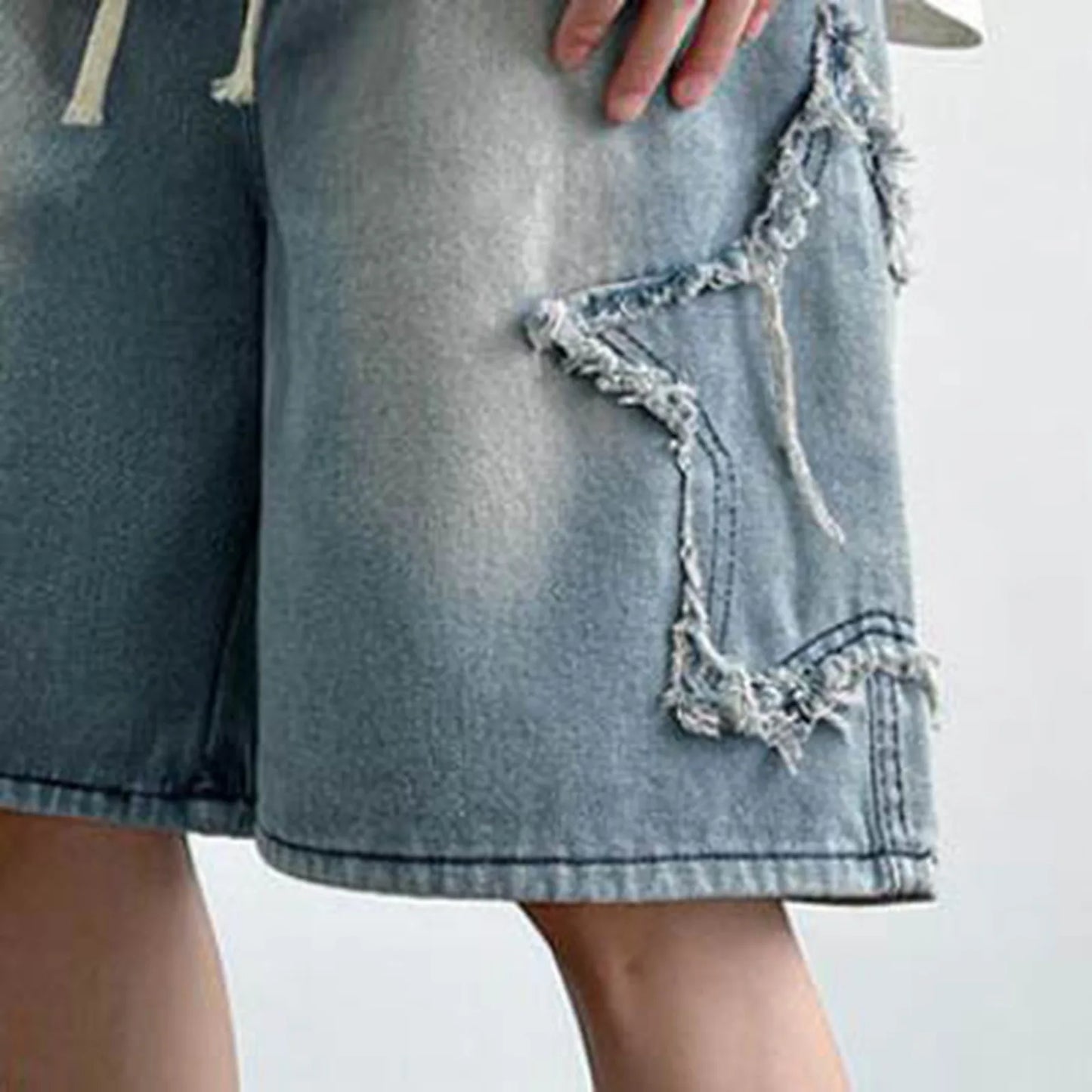 Fashion Denim Shorts For Men Summer Comfortable High Waist Drawstring Short Pants Men’s Streetwear Star Loose Casual Shorts