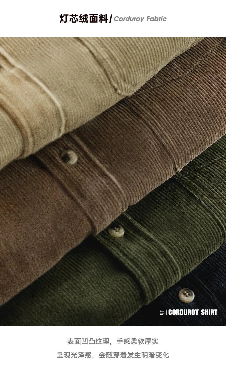 Maden Men's Shirt Casual Corduroy Long Sleeve Shirts Slim Fit Overcoat Spring Fleece Jacket Men's Clothing Retro Fashion Blouses