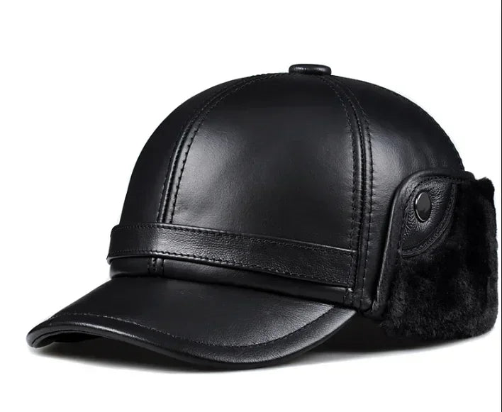 Winter Men's  Hat Thicken Leather Cowhide Baseball Caps With Ears Warm Snapback Dad's Hats Sombrero De Cuero Del Hombre