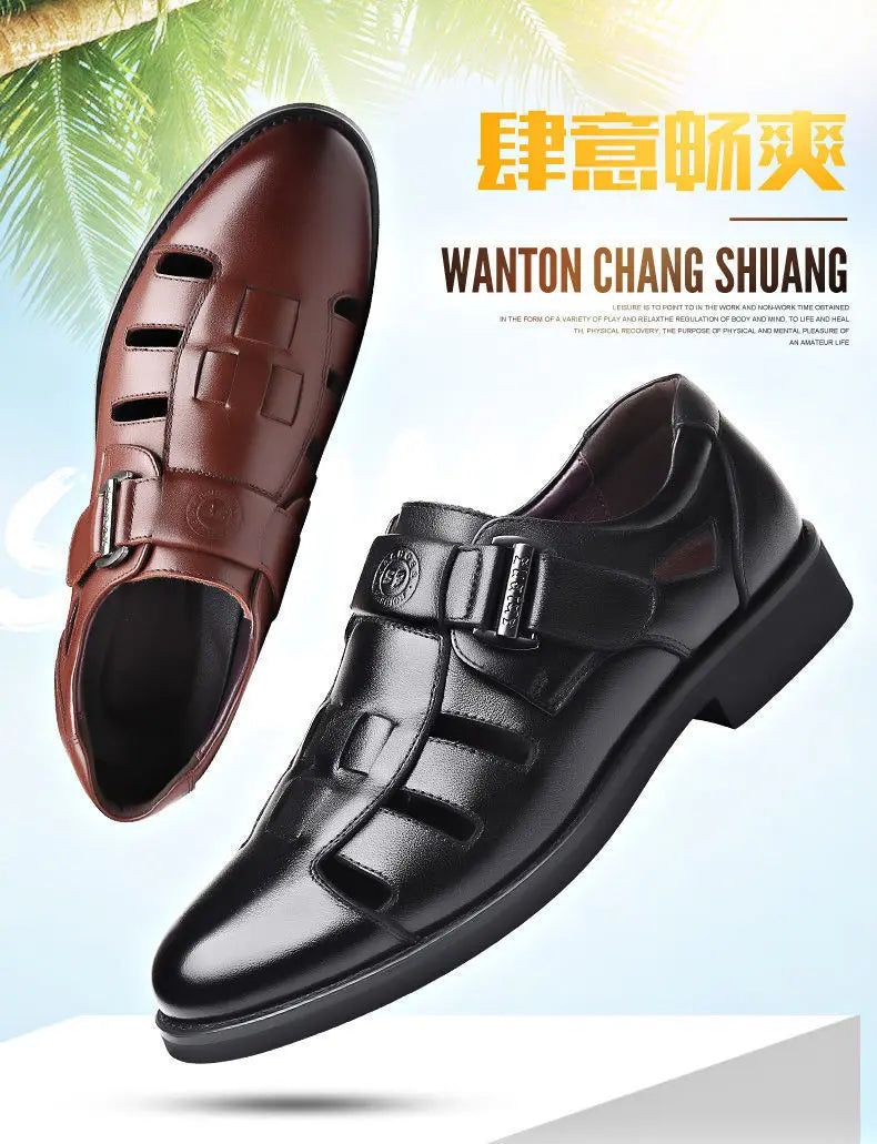 Men's Summer New Style Business Casual Genuine Leather Sandals With Hollow Outsole Anti-Slip Middle-Aged Father Leather Shoes