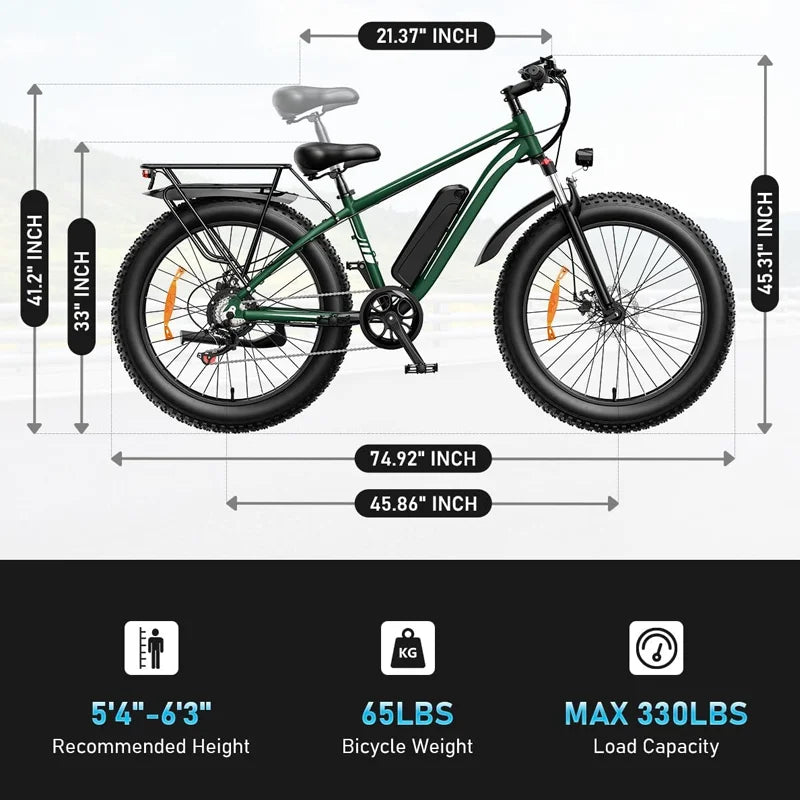 US Stock1000W Electric Bicycle 48V 15AH E Bike 26" Fat Tire Mountain 31mph Black Colour For Adult