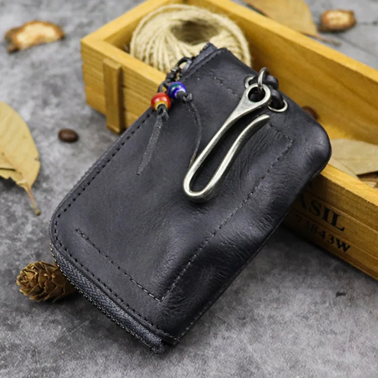 Natural Leather Key Wallet for Men Short Zipper Car Key Holder Real Leather Coin Purse Card Case Bag Keys Organizer Housekeeper