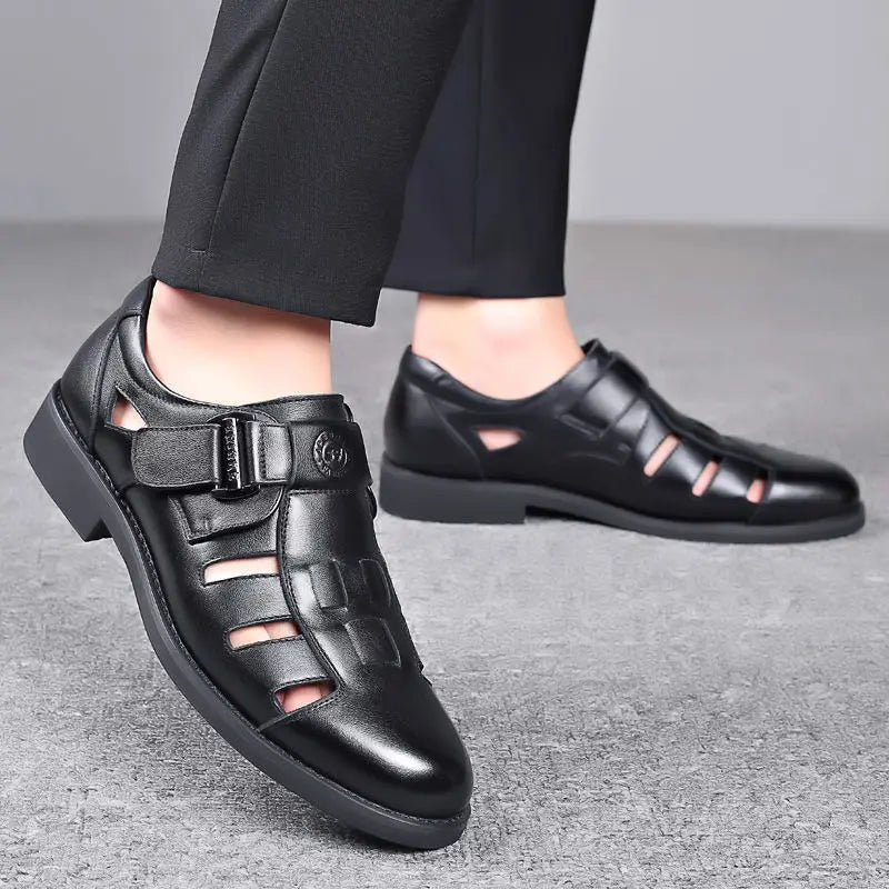 Men's Summer New Style Business Casual Genuine Leather Sandals With Hollow Outsole Anti-Slip Middle-Aged Father Leather Shoes
