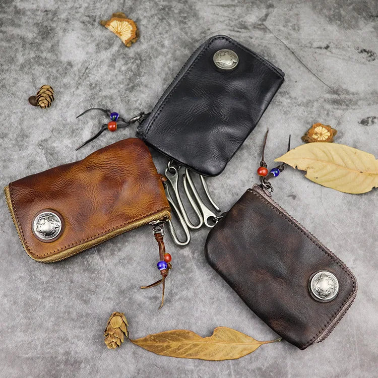 Natural Leather Key Wallet for Men Short Zipper Car Key Holder Real Leather Coin Purse Card Case Bag Keys Organizer Housekeeper