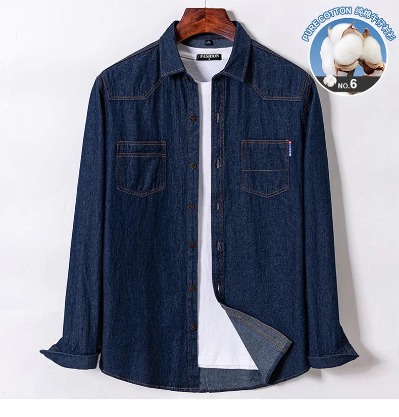 New men's long-sleeved shirt 100% cotton denim spring/summer casual non-ironing high quality breathable plus size solid color