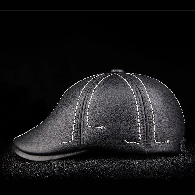 New Cowhide Genuine Leather Men Berets Cap Hat High Quality Fashion Men's Real Leather Adult Striped Black Hats