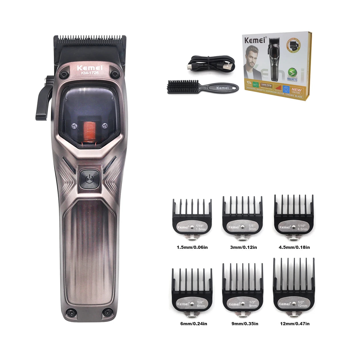 KEMEI KM-1726 Hair Clippers Men Professional with DLC Blade 10000RPM Magnetic Vector Motor Professional Hair Cutting Machine