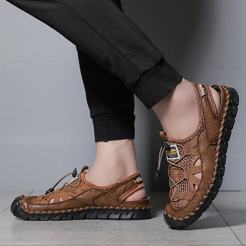 Men's Sandals Summer Leather Fisherman Beach Shoes Closed Toe Sandals for Men Handmade Breathable Water Sandals Outdoor Non Slip