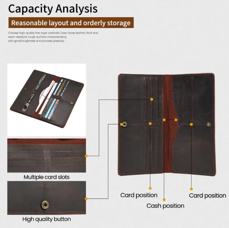 Man 100% Real Cow Leather Wallet Long Billfold Credit Card Holder Purse for Men Outfits Birthday Gift
