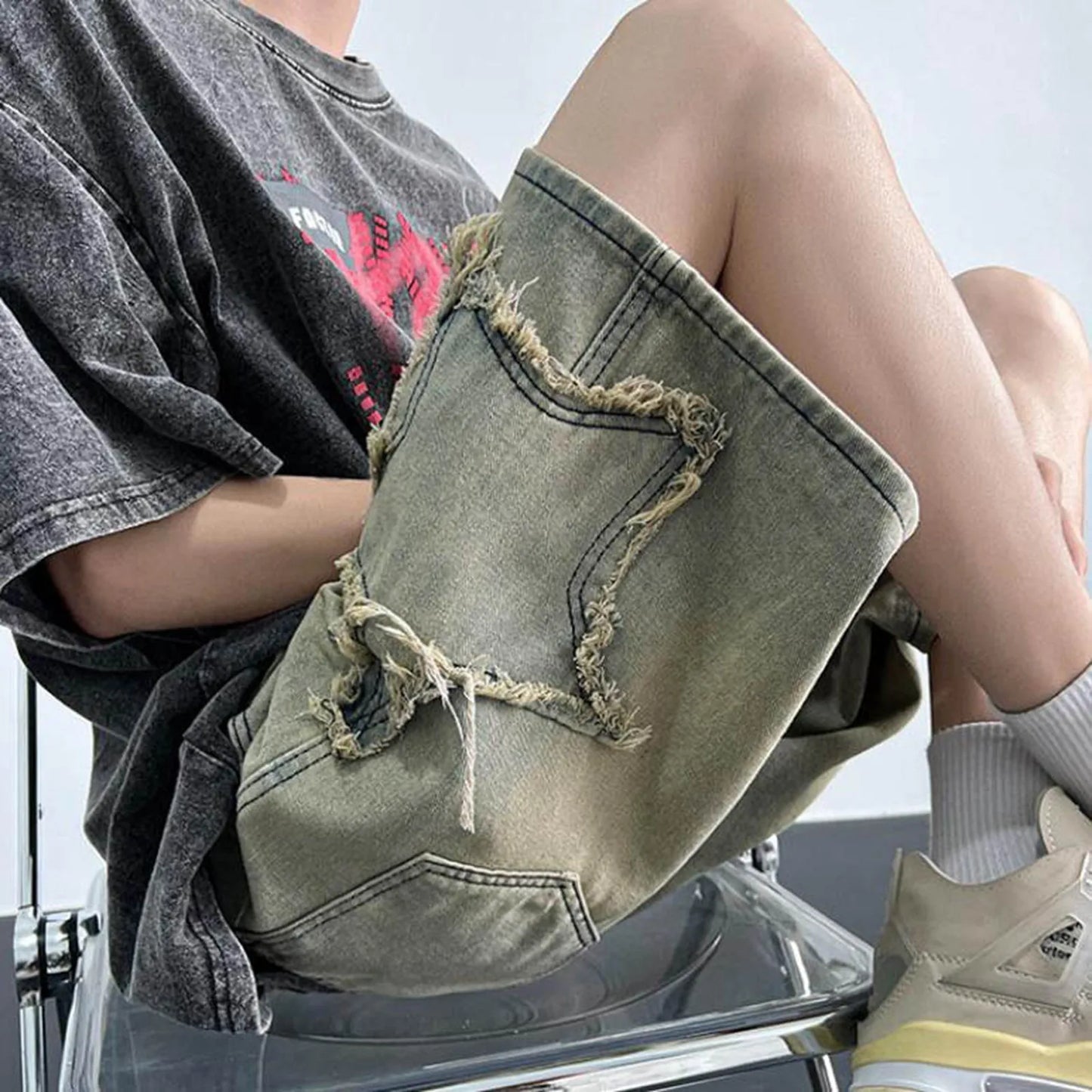 Fashion Denim Shorts For Men Summer Comfortable High Waist Drawstring Short Pants Men’s Streetwear Star Loose Casual Shorts