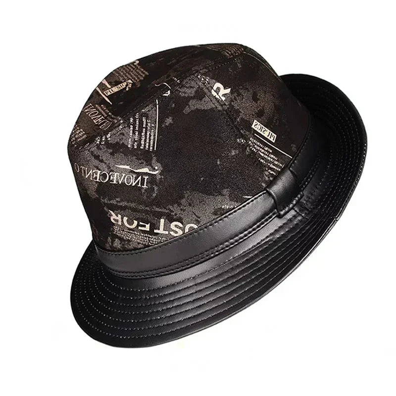 Winter Genuine Leather Suede Print Black GeometryTop Hats For Men/Women British Gentlemen Wide Brim Stetson Fedoras 55-60cm Fitt
