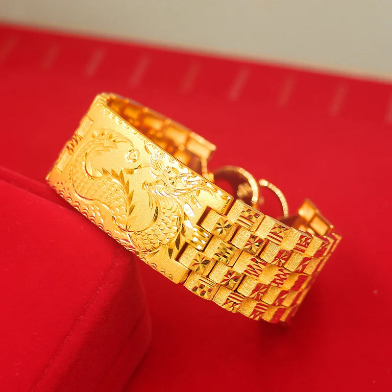 Exquisite Dragon Vein Car Flower Bangle Chain 14k Gold Color Watch Chain Wedding Birthday Fine Jewelry Gift for Men Father Bro