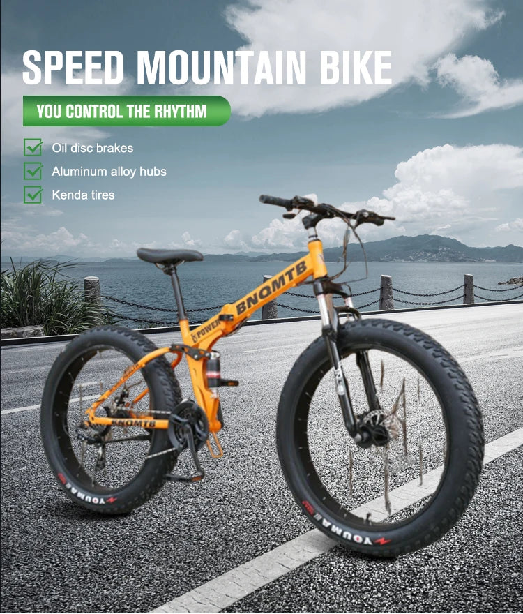 Folding Snow Mountain Bike High Carbon Steel Frame Dual Disc Brakes Soft Tail Design 4.0 Tire Width Wheels 7-Speed