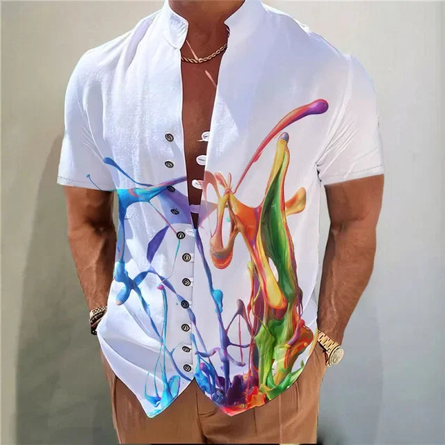 Men Shirts New Print Button Short Sleeves Shirt Fashion Stand Collar Loose Fitting Men's Shirts Casual Beach Streetwear Hot Sale